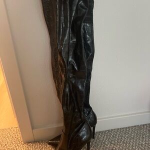 Black Croc-Embossed Over-the-Knee Boots